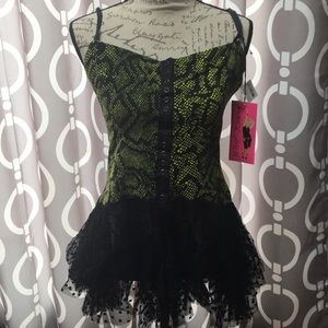 New L Betsey Johnson green print and tulle top